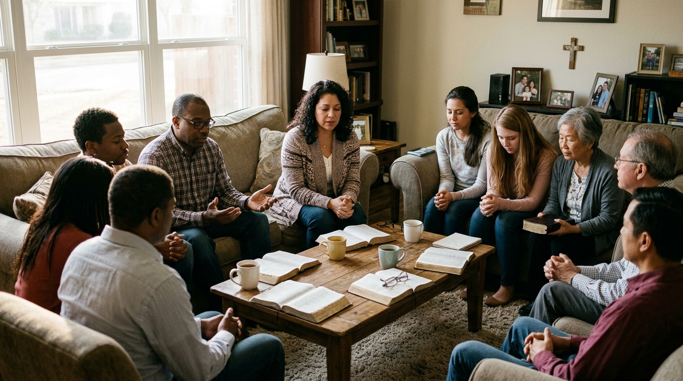 Christian Home Fellowship and Prayer in Living Room
